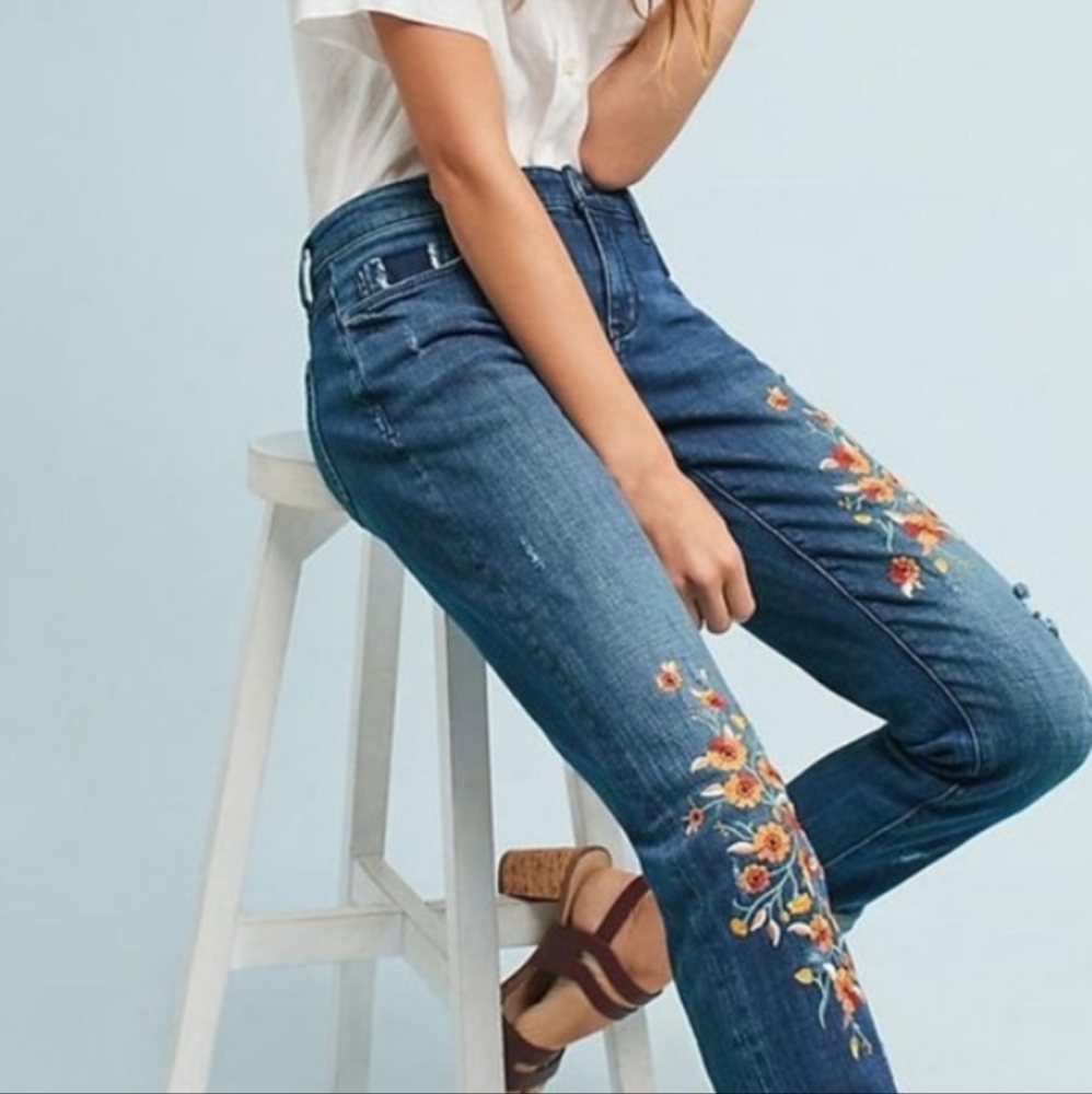 Anthropologie Blue Embroidered Boyfriend Jeans